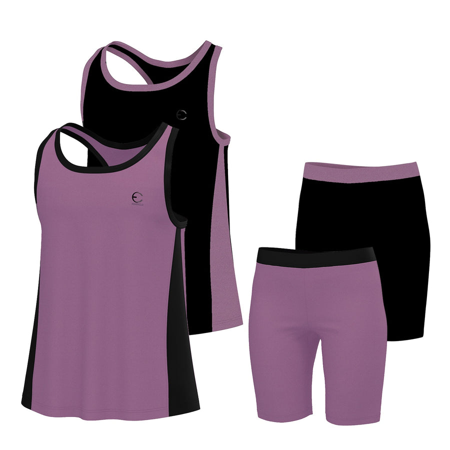 Essenclo girls racerback tank tops and bike shorts 4-piece set, lavender / black