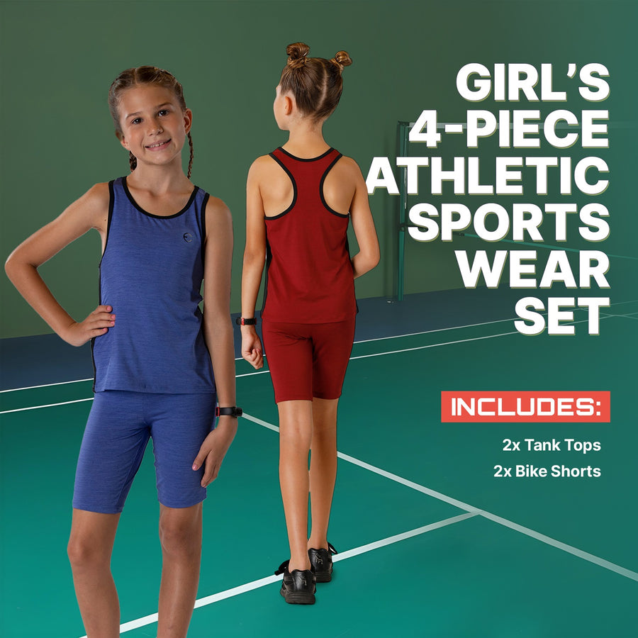 Essenclo girls racerback tank tops and bike shorts 4-piece set, wine / navy (photo 2)