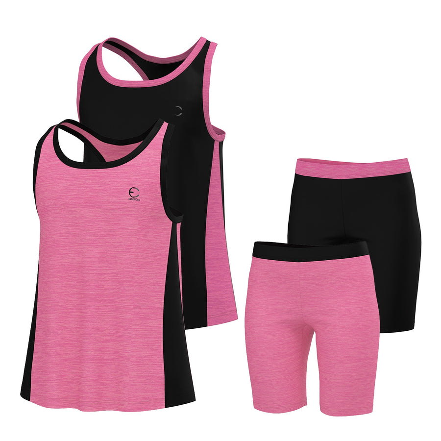 Essenclo girls racerback tank tops and bike shorts 4-piece set, pink / black