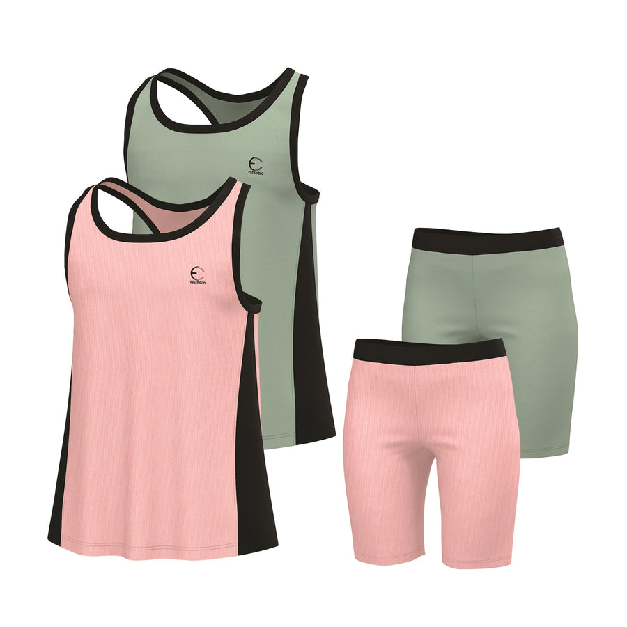Essenclo girls racerback tank tops and bike shorts 4-piece set, soft pink / mint green