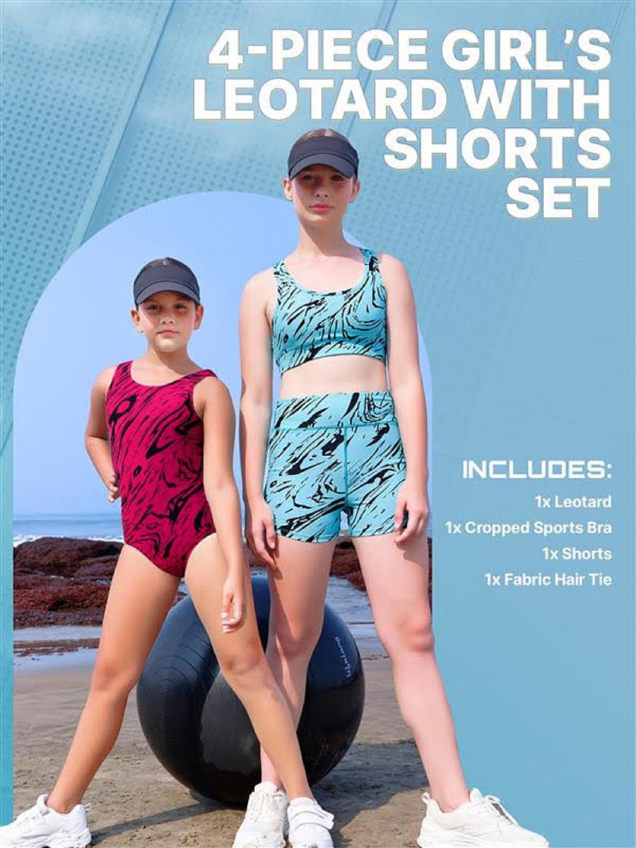 Essenclo girls gymnastics leotard, shorts and sports bra 4-piece set (photo 2)