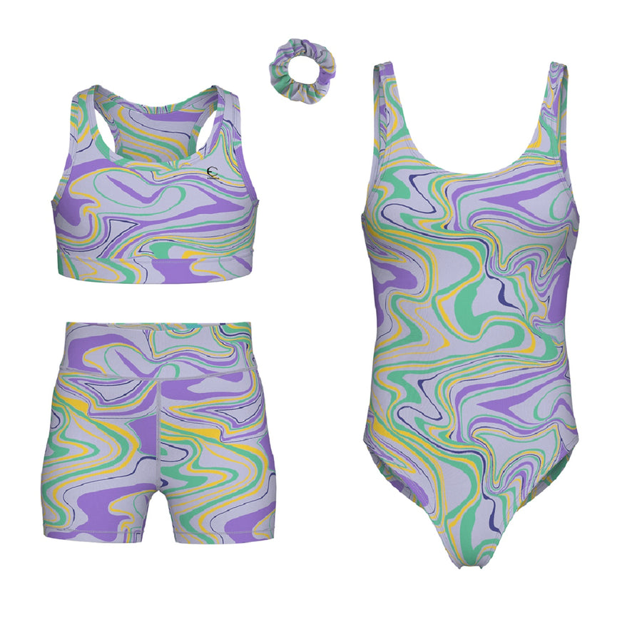 Essenclo girls gymnastics leotard, shorts and sports bra 4-piece set, lavender / kelly green (s1)