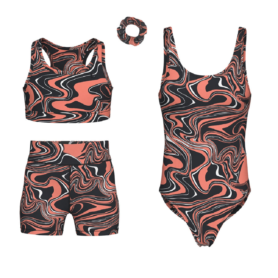 Essenclo girls gymnastics leotard, shorts and sports bra 4-piece set, coral / black (s3)