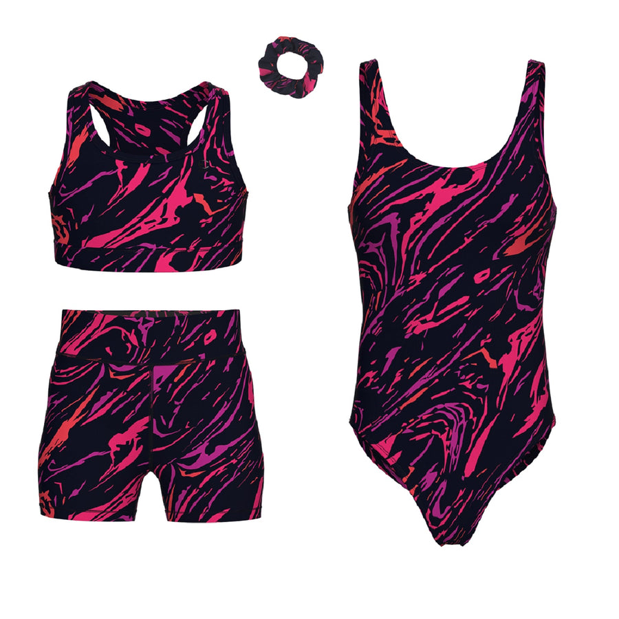 Essenclo girls gymnastics leotard, shorts and sports bra 4-piece set, pink / black (s4)