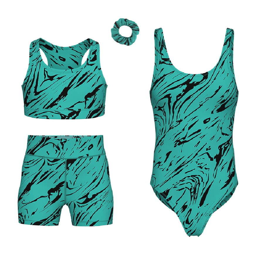 Essenclo girls gymnastics leotard, shorts and sports bra 4-piece set, teal green / black (s6)
