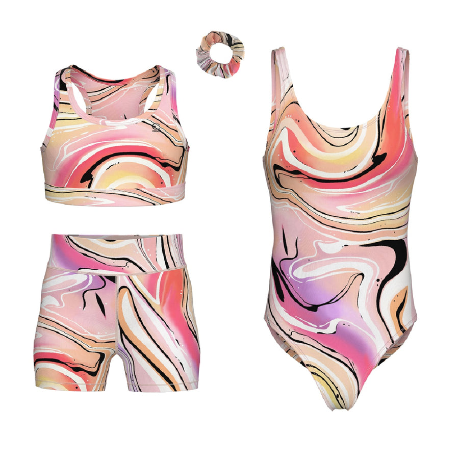 Essenclo girls gymnastics leotard, shorts and sports bra 4-piece set, soft pink / coral (s7)
