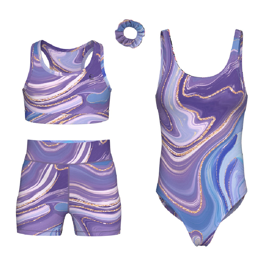 Essenclo girls gymnastics leotard, shorts and sports bra 4-piece set, lavender / royal blue (s8)