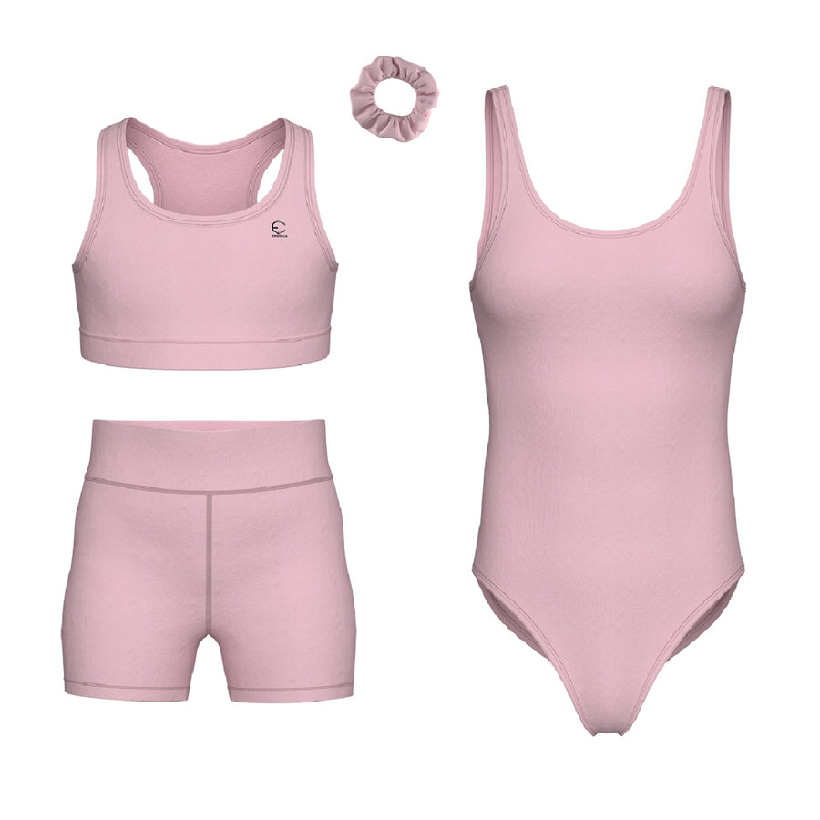 Essenclo girls gymnastics leotard, shorts and sports bra 4-piece set, soft pink (s10)