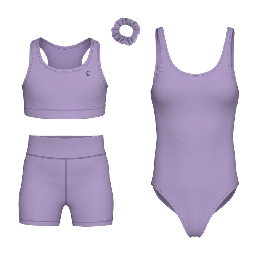 Essenclo girls gymnastics leotard, shorts and sports bra 4-piece set, lavender (s11)