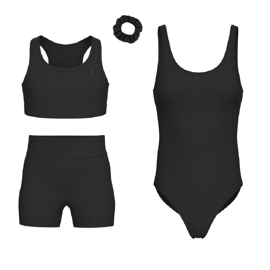Essenclo girls gymnastics leotard, shorts and sports bra 4-piece set, black (s12)
