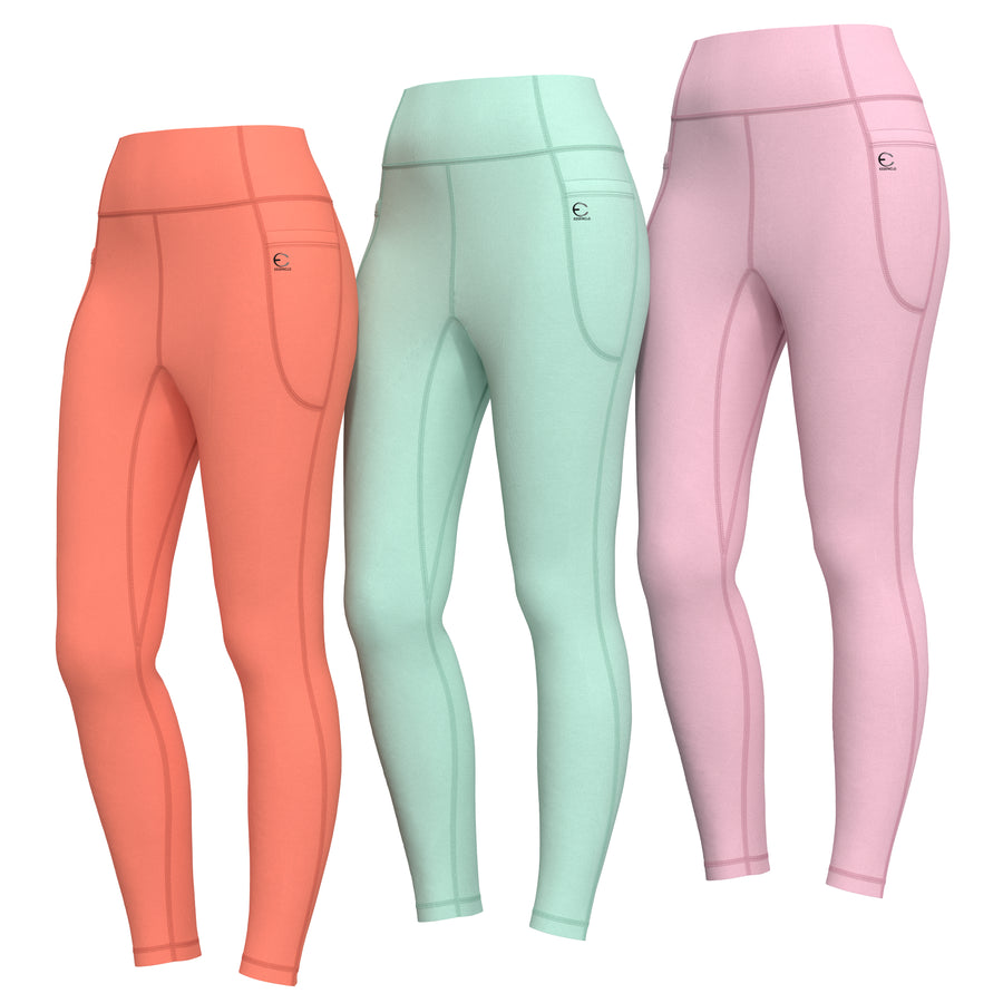 Essenclo girls high waisted leggings with pockets 3-pack, coral / mint green / soft pink