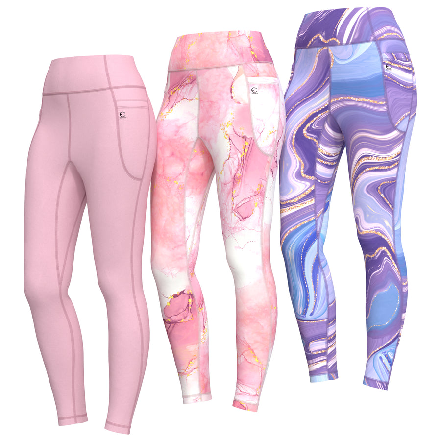 Essenclo girls high waisted leggings with pockets 3-pack, soft pink / lavender