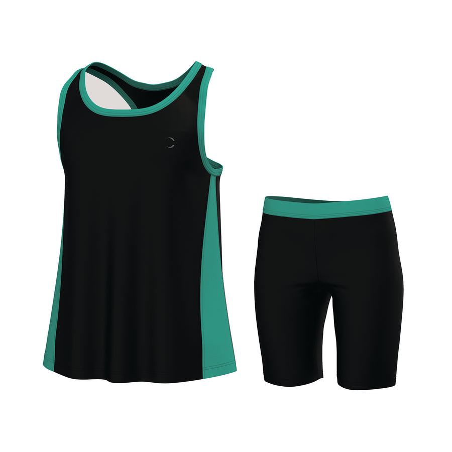 Essenclo girls racerback tank top and bike shorts 2-piece set, black teal green