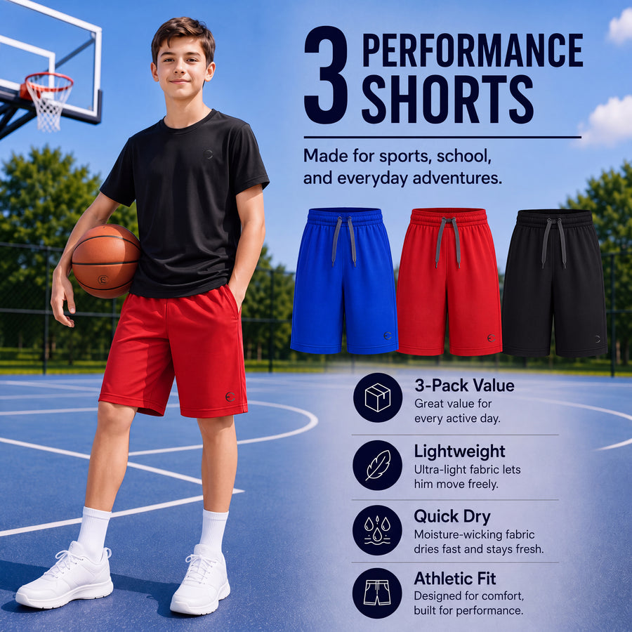Essenclo boys basketball shorts with pockets 3-pack, brown / khaki / navy (photo 2)