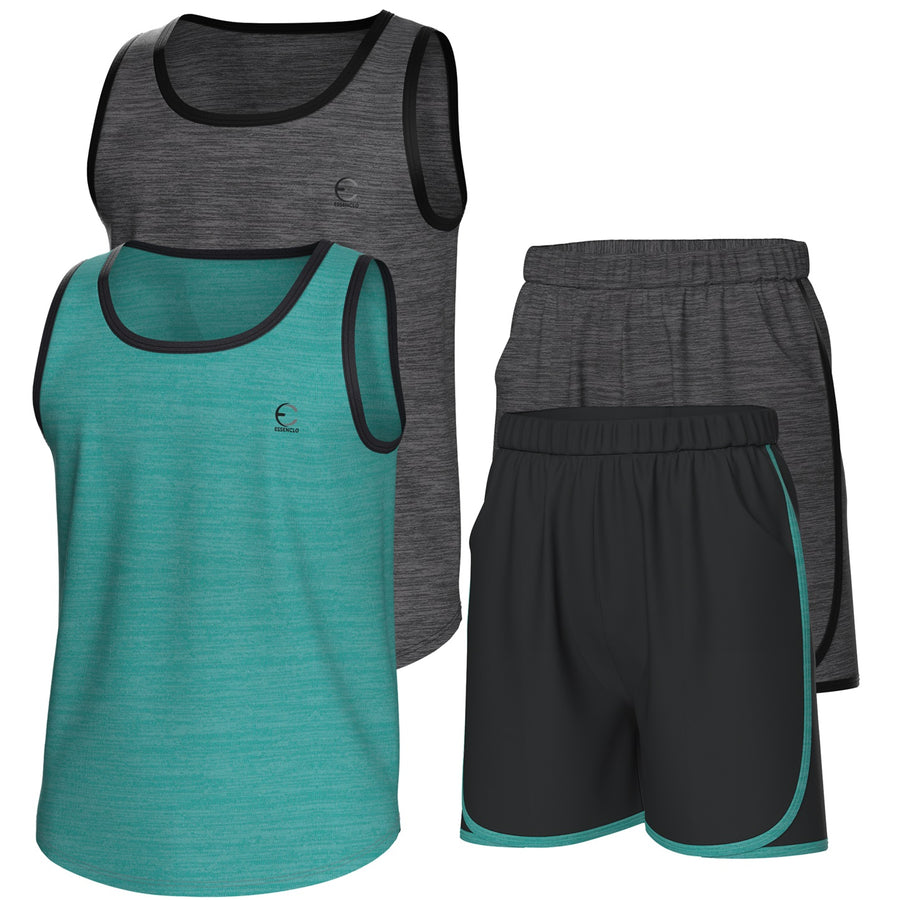 Essenclo boys athletic tank tops and shorts 4-piece set with pockets, heather charcoal / teal green / black