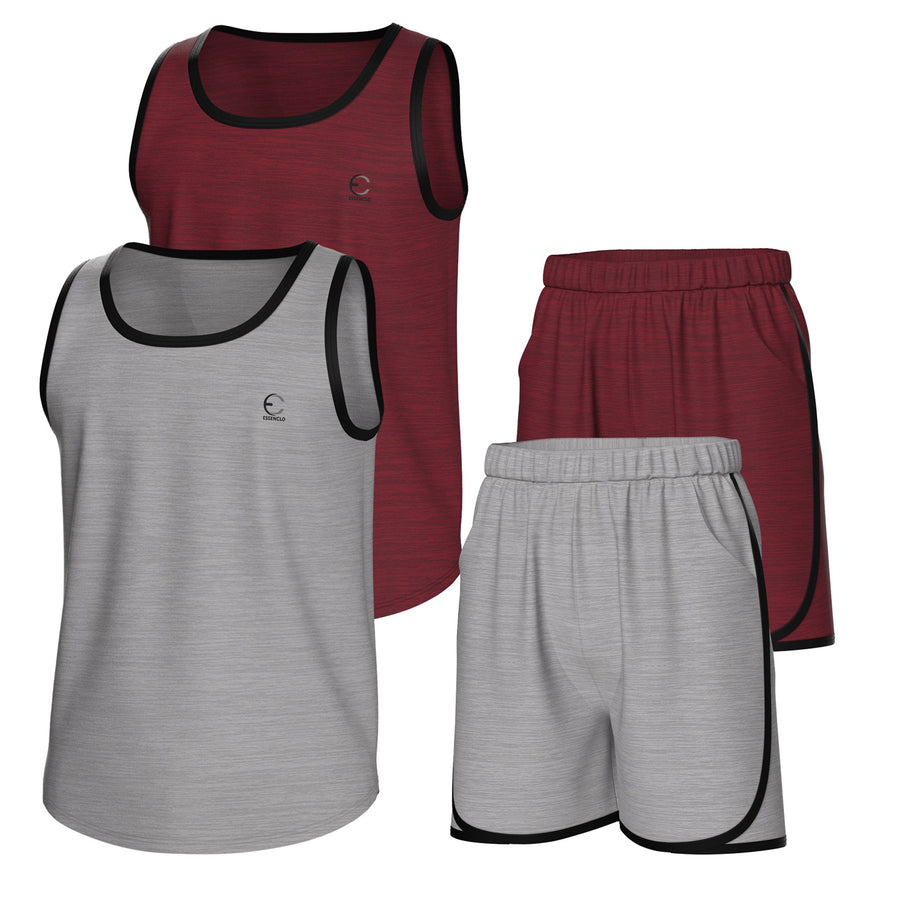 Essenclo boys athletic tank tops and shorts 4-piece set with pockets, wine / light gray