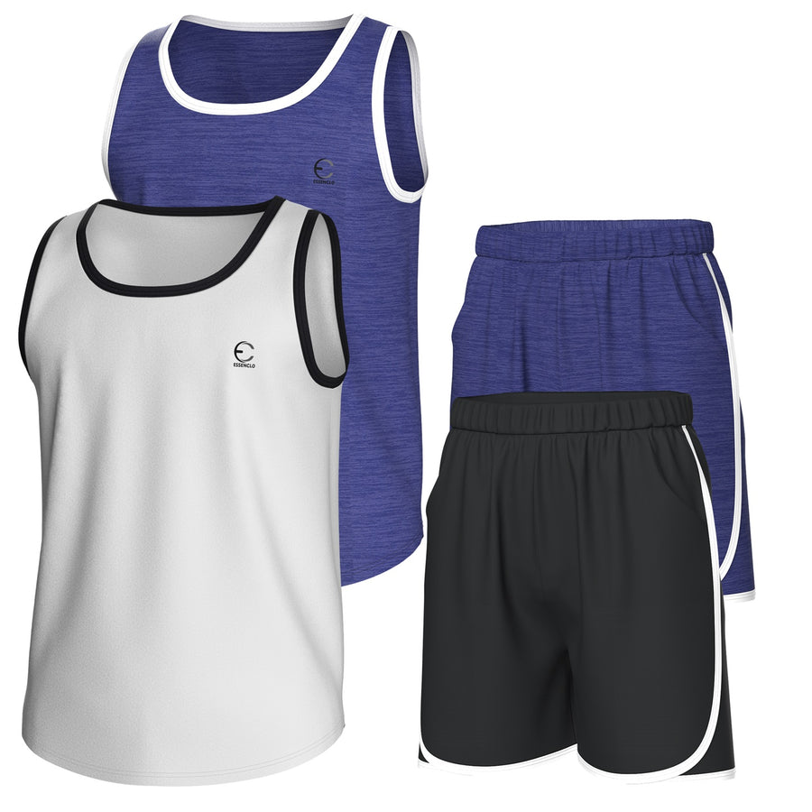 Essenclo boys athletic tank tops and shorts 4-piece set with pockets, royal blue / white / black