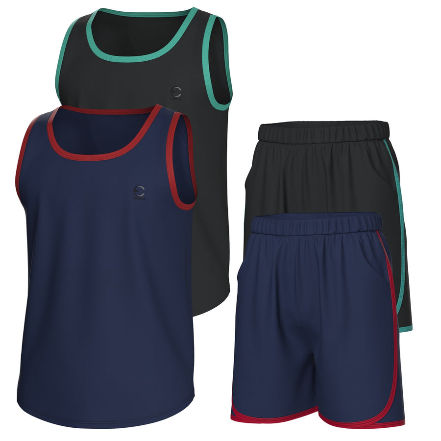 Essenclo boys athletic tank tops and shorts 4-piece set with pockets, navy / black