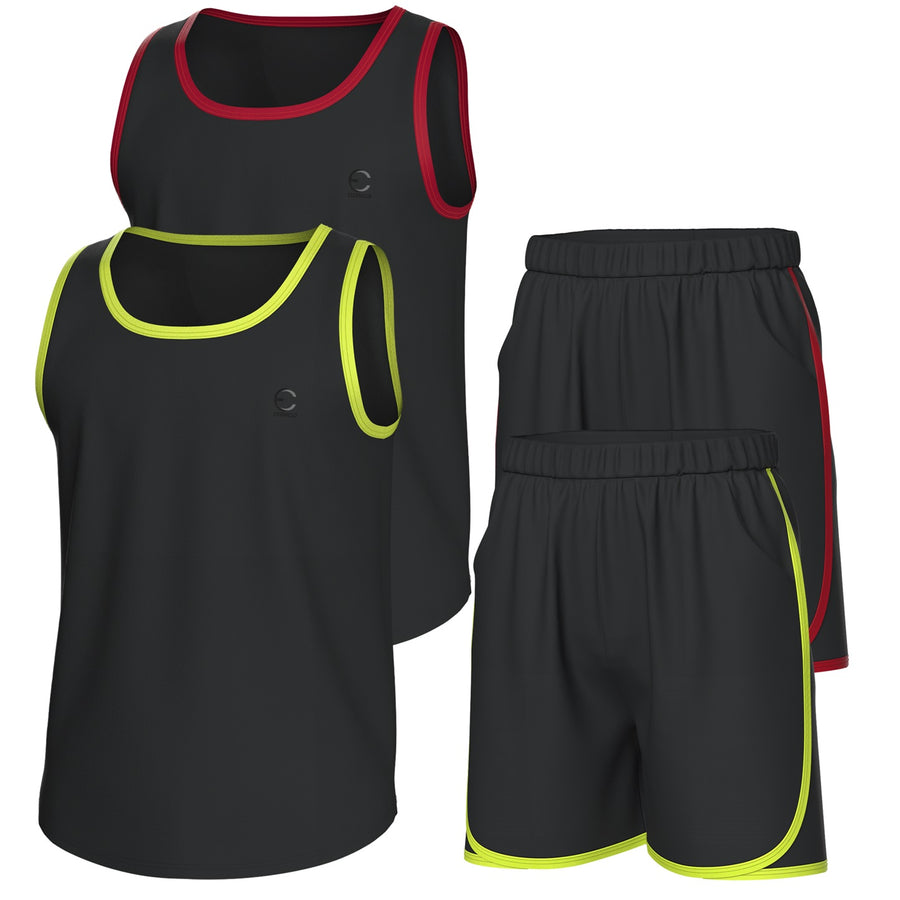 Essenclo boys athletic tank tops and shorts 4-piece set with pockets, black / lime green