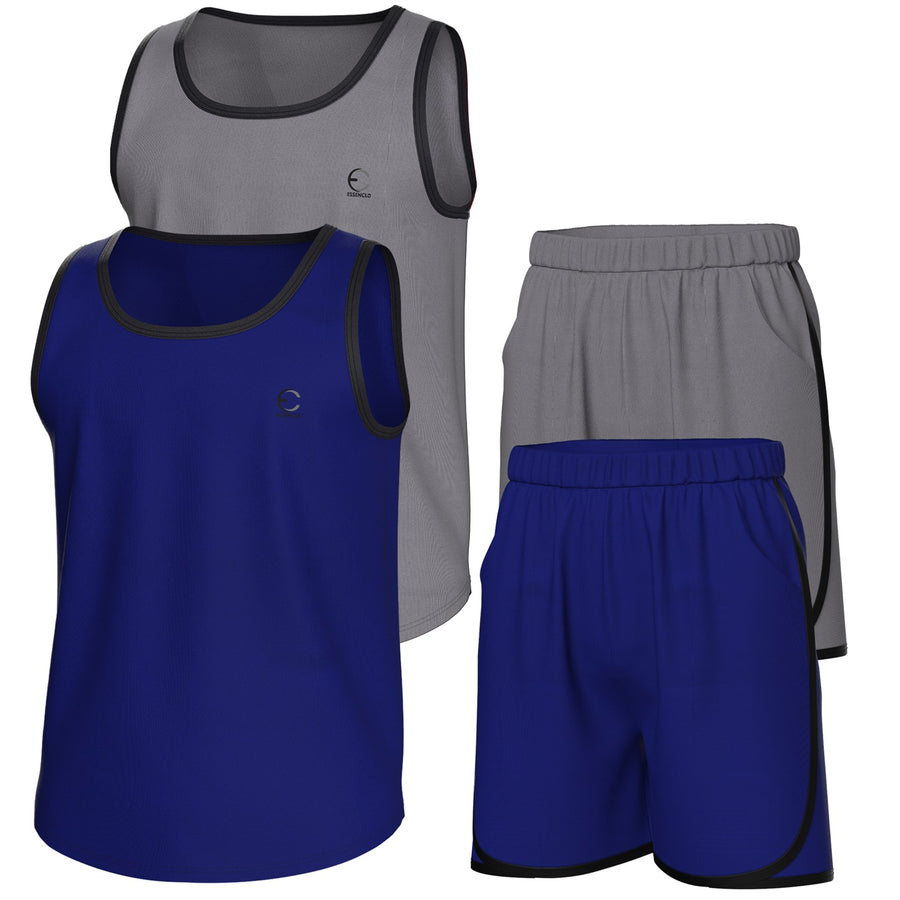 Essenclo boys athletic tank tops and shorts 4-piece set with pockets, light gray / royal blue