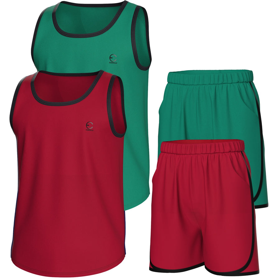 Essenclo boys athletic tank tops and shorts 4-piece set with pockets, kelly green / red
