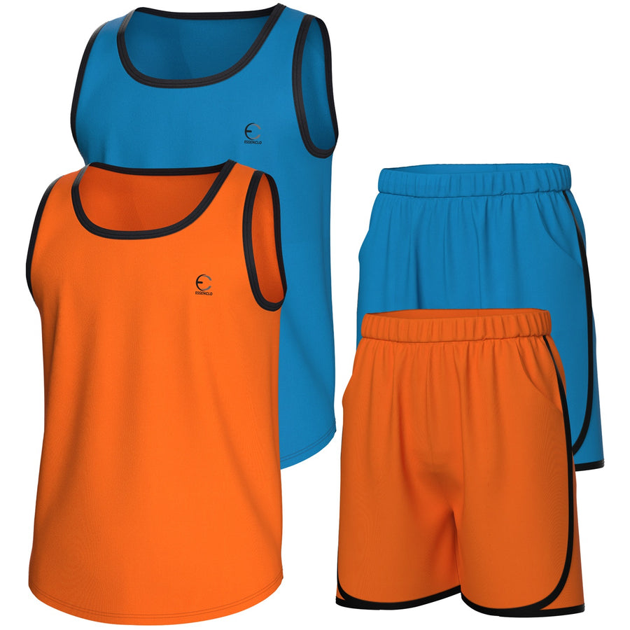 Essenclo boys athletic tank tops and shorts 4-piece set with pockets, light blue / orange