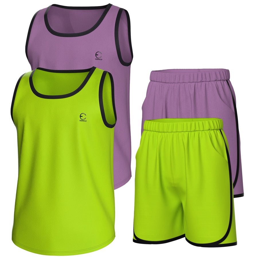 Essenclo boys athletic tank tops and shorts 4-piece set with pockets, lavender / lime green