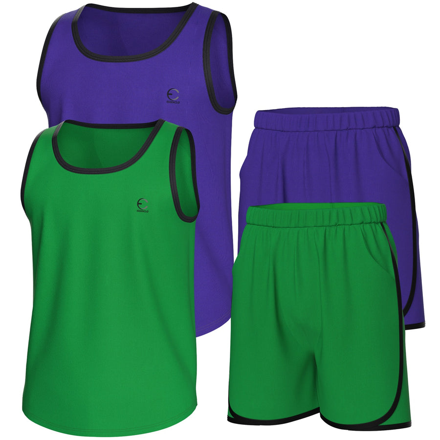 Essenclo boys athletic tank tops and shorts 4-piece set with pockets, purple / kelly green