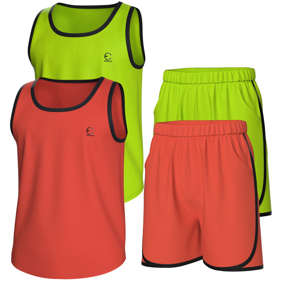 Essenclo boys athletic tank tops and shorts 4-piece set with pockets, lime green / coral