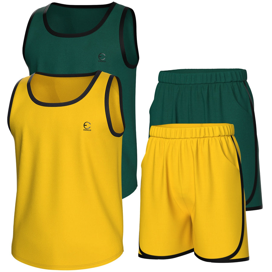 Essenclo boys athletic tank tops and shorts 4-piece set with pockets, evergreen / mustard
