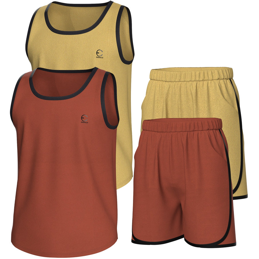 Essenclo boys athletic tank tops and shorts 4-piece set with pockets, khaki / brown