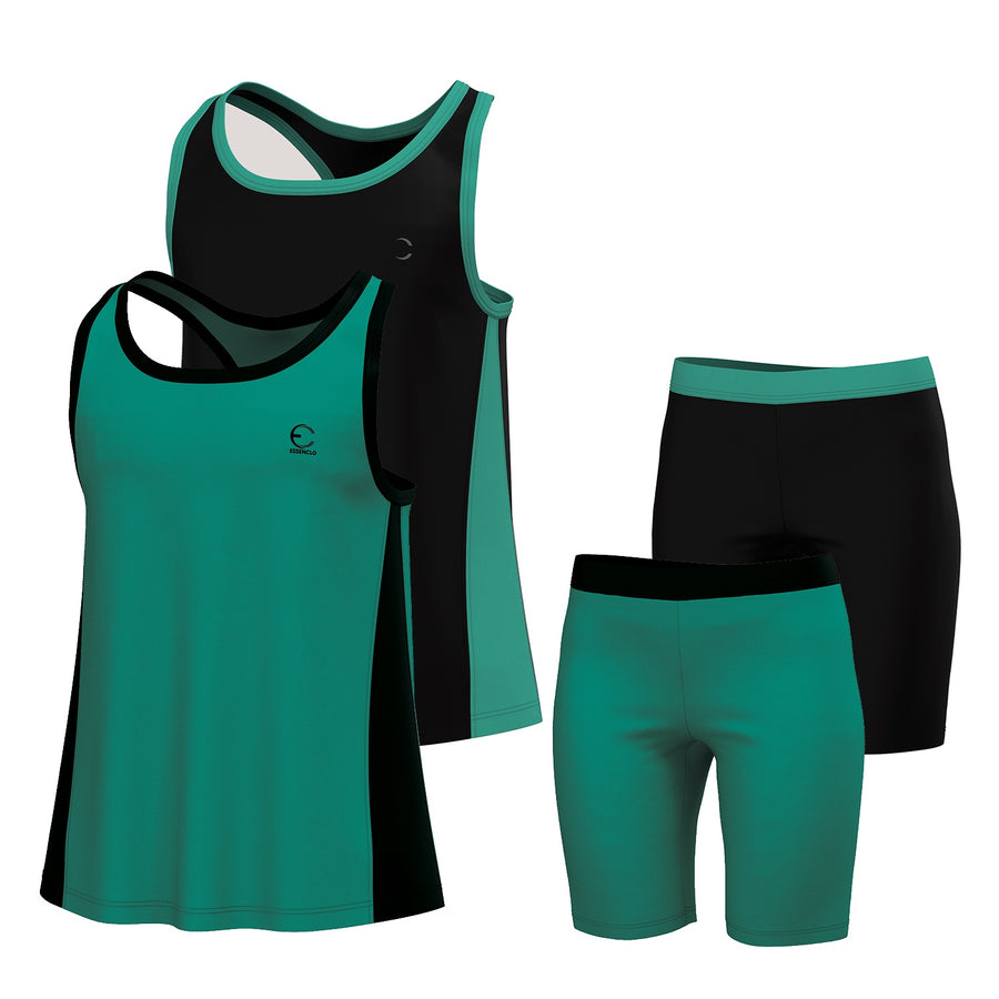 Essenclo girls racerback tank tops and bike shorts 4-piece set, teal green / black