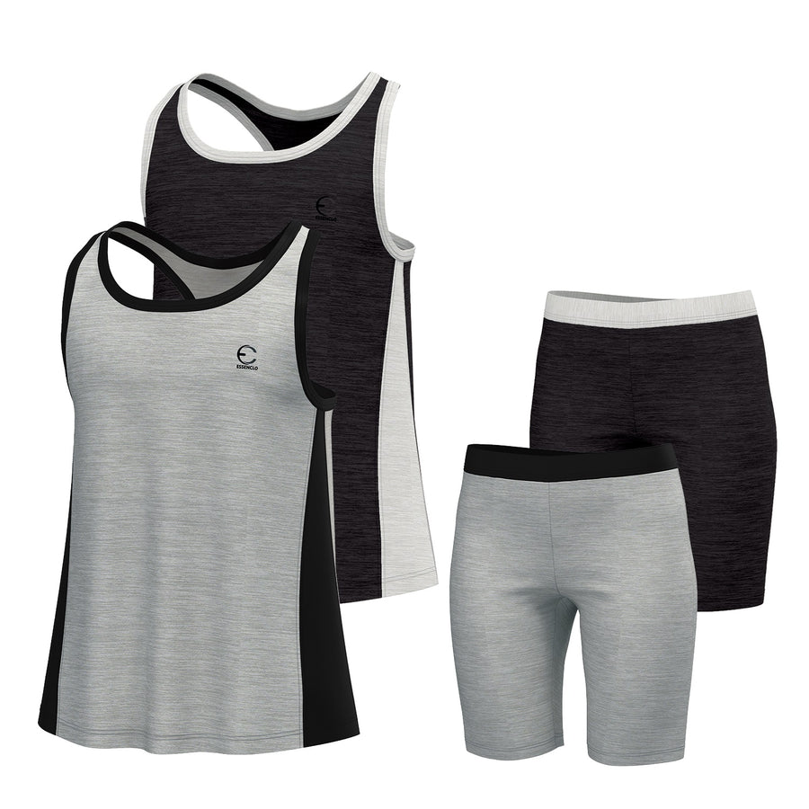 Essenclo girls racerback tank tops and bike shorts 4-piece set, light gray / heather charcoal