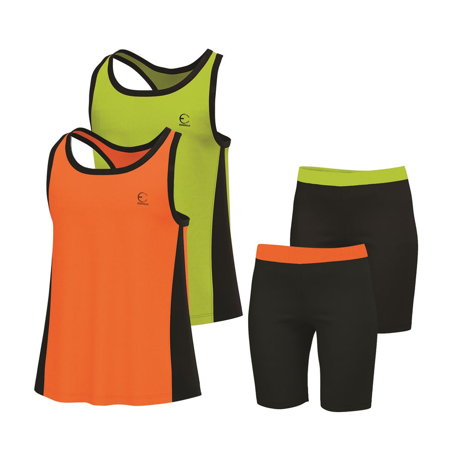 Essenclo girls racerback tank tops and bike shorts 4-piece set, orange / lime green