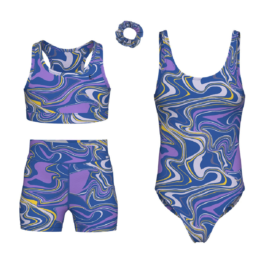 Essenclo girls gymnastics leotard, shorts and sports bra 4-piece set, royal blue / lavender (s2)