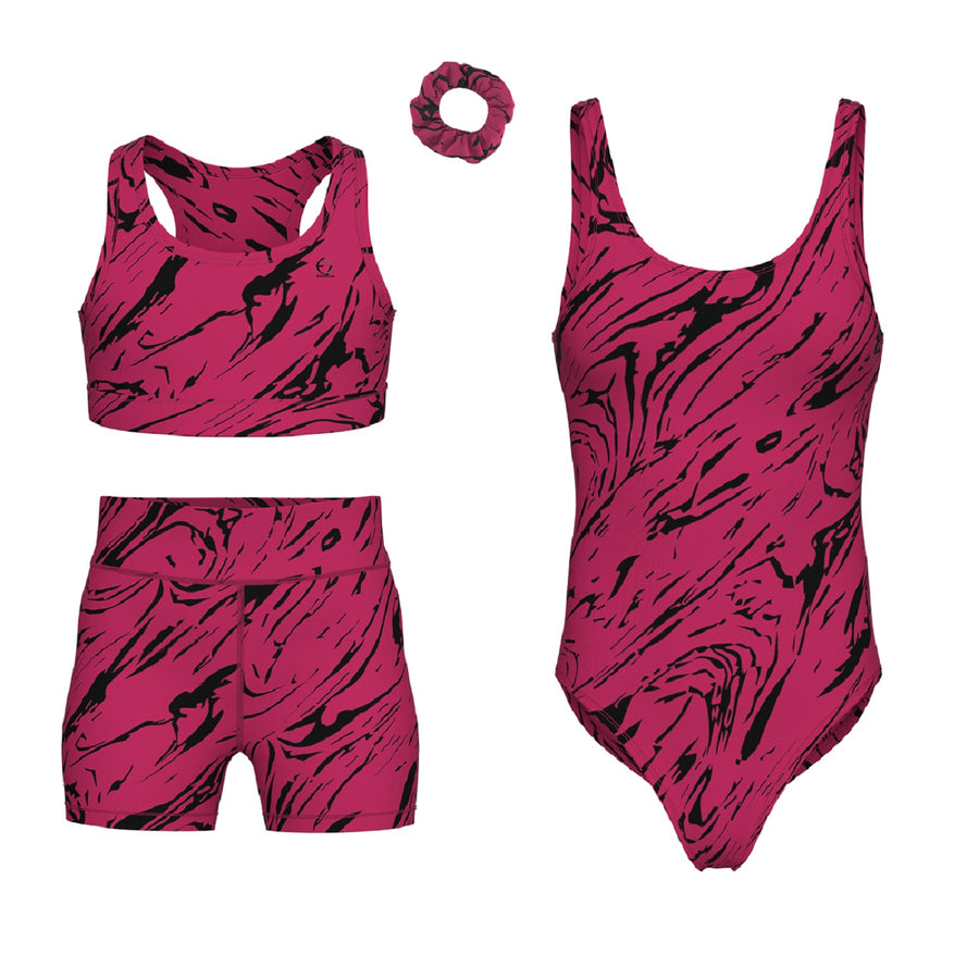 Essenclo girls gymnastics leotard, shorts and sports bra 4-piece set, wine / pink (s5)