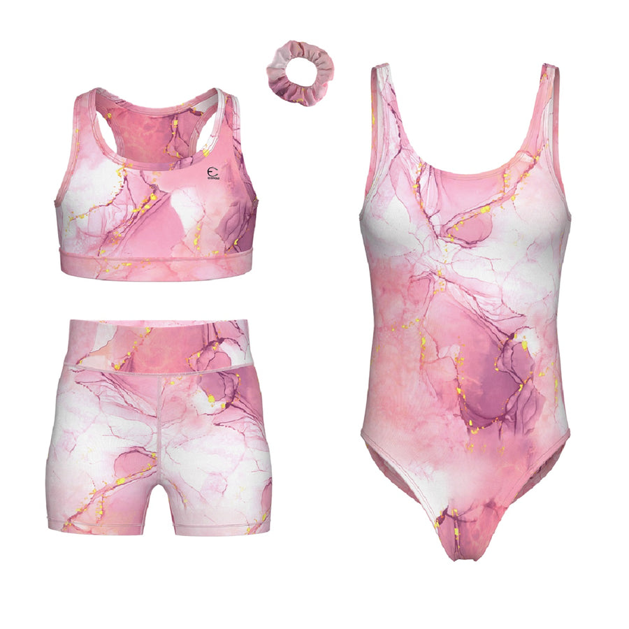 Essenclo girls gymnastics leotard, shorts and sports bra 4-piece set, soft pink (s9)