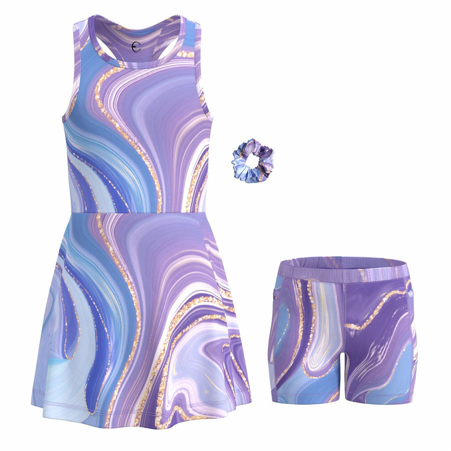 Essenclo girls tennis and golf dress with shorts 3-piece set, lavender / light blue