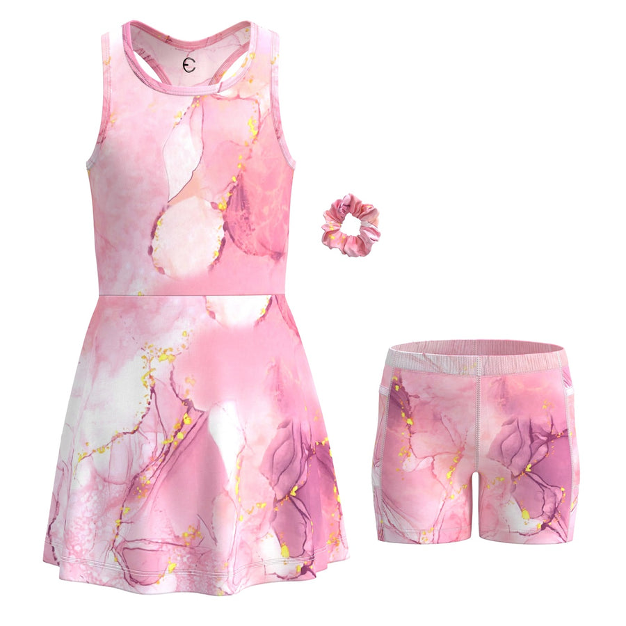 Essenclo girls tennis and golf dress with shorts 3-piece set, soft pink / pink