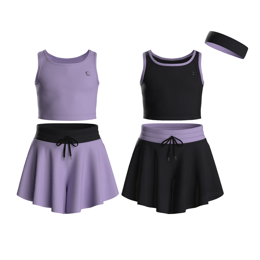 Essenclo girls butterfly shorts and tank top 5-piece set with headband, lavender / black