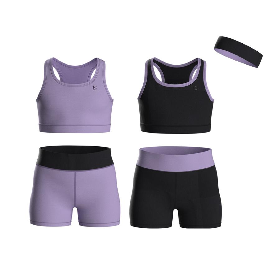 Essenclo girls biker shorts and racerback tank 5-piece set with headband, lavender / black