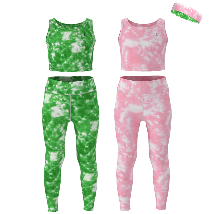 Essenclo girls leggings and tank top 5-piece set with headband, kelly green / pink