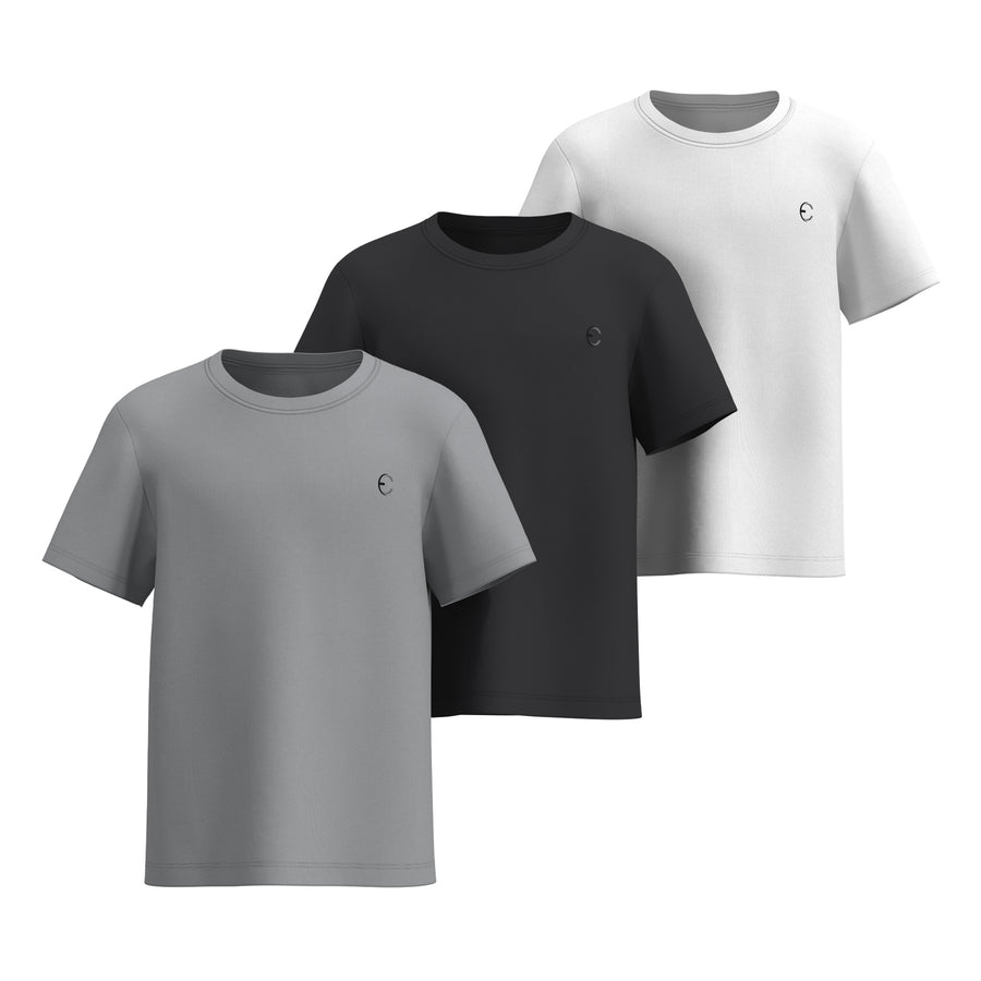 Essenclo boys dry fit crew neck T-shirts 3-pack, gray / black / white