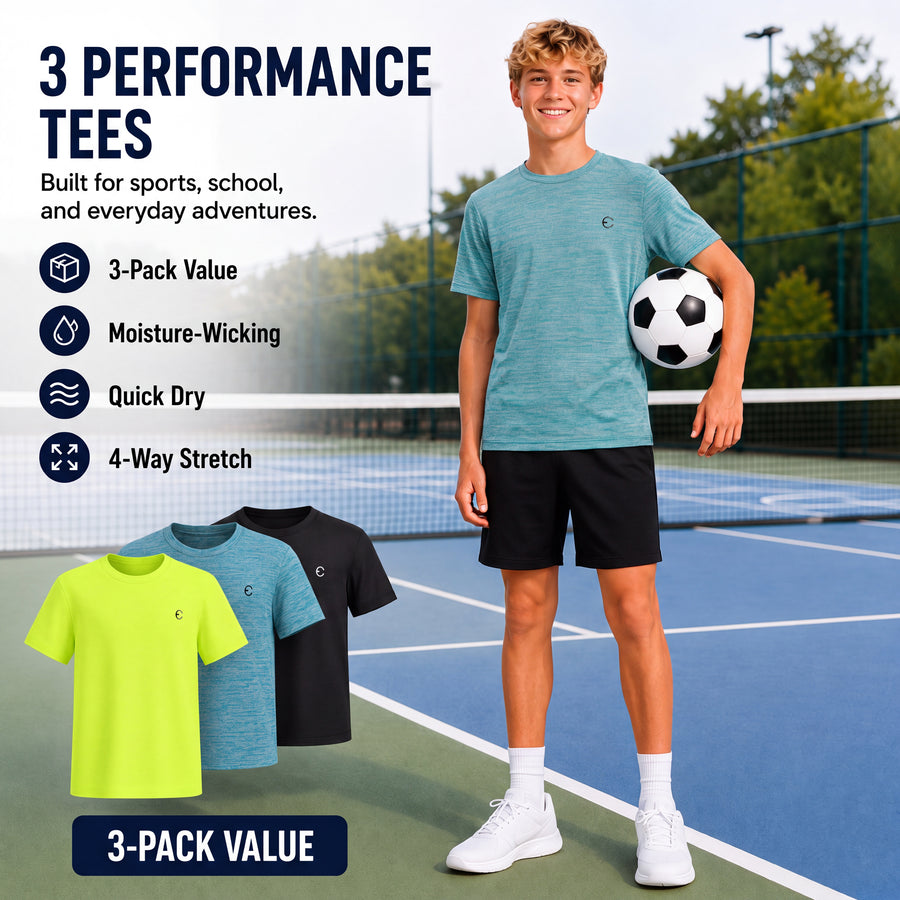 Essenclo boys dry fit crew neck T-shirts 3-pack, gray / black / white (photo 2)