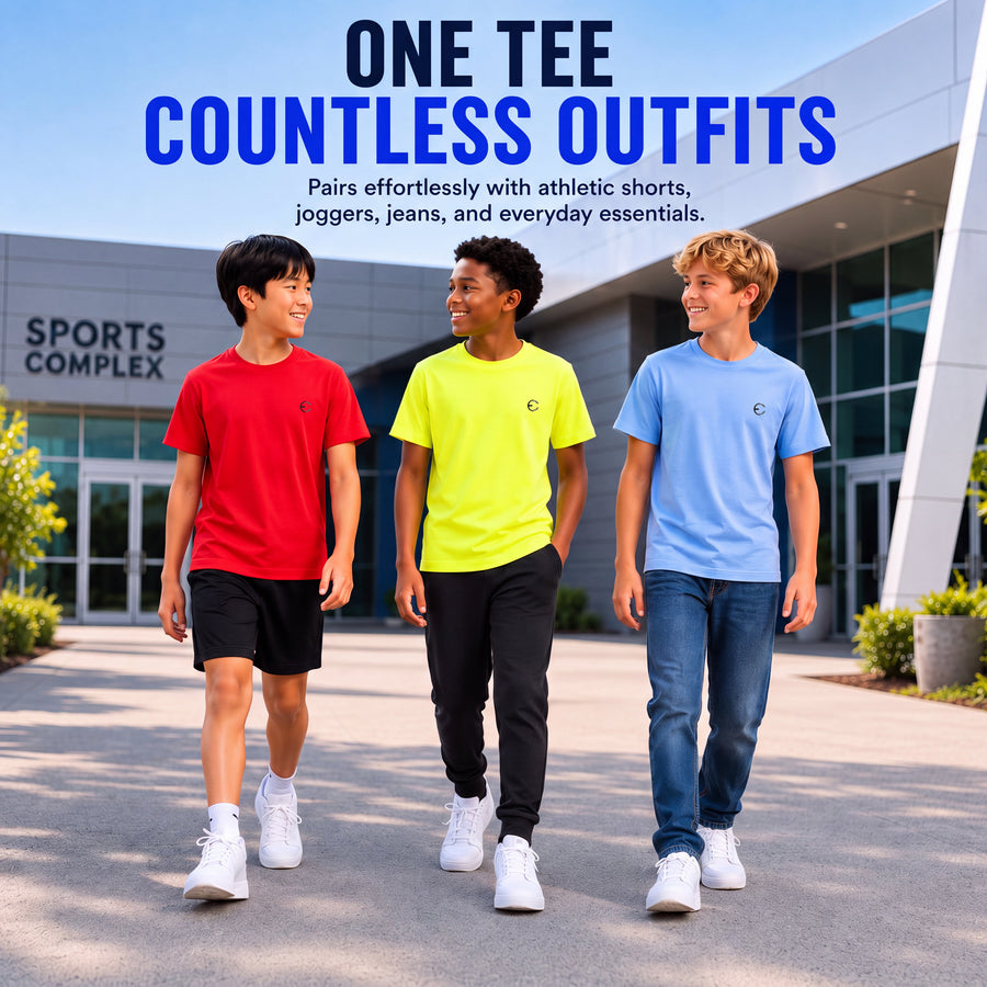 Essenclo boys dry fit crew neck T-shirts 3-pack, coral / evergreen / navy (photo 6)