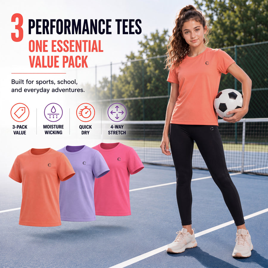 Essenclo girls dry fit crew neck T-shirts 3-pack, purple / teal green / black (photo 2)