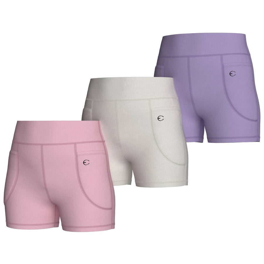 Essenclo girls high waisted biker shorts with pockets 3-pack, soft pink / white / lavender