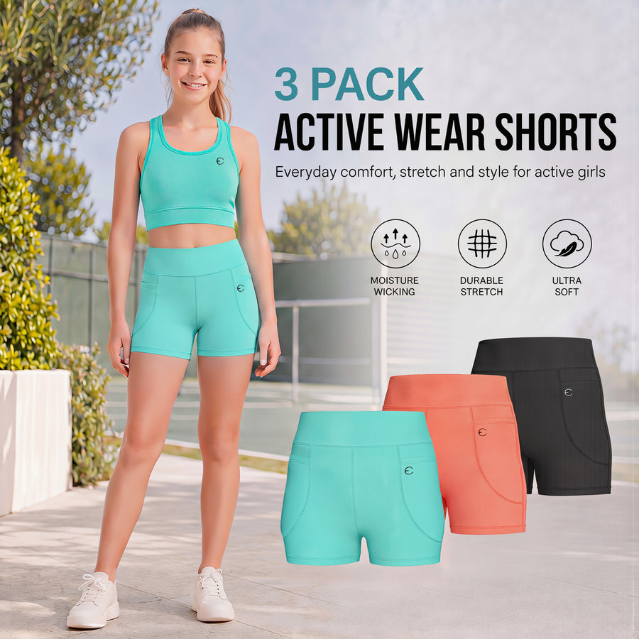 Essenclo girls high waisted biker shorts with pockets 3-pack, soft pink / white / lavender (photo 2)