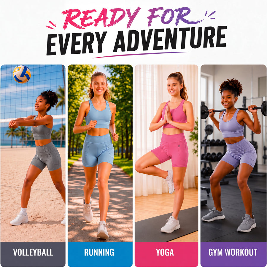 Essenclo girls high waisted biker shorts with pockets 3-pack, lavender / teal green / navy (photo 6)