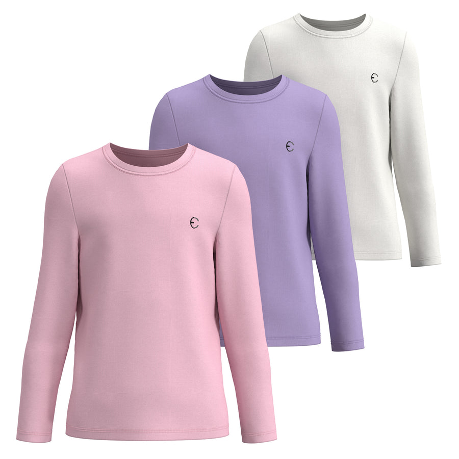 Essenclo girls long sleeve dry fit shirts 3-pack, soft pink / lavender / white